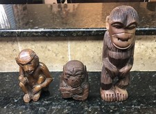 3 Hand Carved Wooden Monkeys, 1960’s MCM, Retro, Hear, Speak, See No Evil, VNT picture