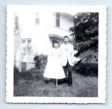 Old Vintage Square Photo MAN WOMAN COUPLE BY HOUSE SNAPSHOT PHOTOGRAPH picture