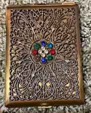 Vtg Mid Century Gold Tone Filigree Rhinestone Cigarette Case Wallet MADE IN USA picture