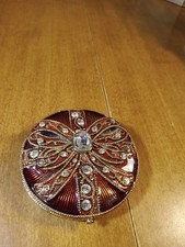 Vintage Monet Compact Mirror Red Ribbon Bow W Rhinestones Ornate Retro picture