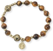 Tiger Eye Stone Beads Rosary Bracelet  Catholic St. Benedict Medal Wrist Jewelry picture