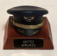 United Airlines Vintage Pilot Cap Display on Wood Base Plaque w/ Nameplate picture