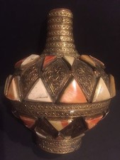 Maroccan Pottery Brass And  Camel Bone Mosaic Miniature Decorative Vase 7