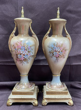 Pair Vintage Beckwith Floral Hand Painted Porcelain Urn Shape Lamp Bases - NOS picture