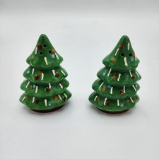 set of retro Ceramic decorated Christmas tree salt & pepper shakers picture