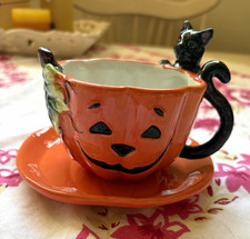 CornerRuby Ceramic Black Cat & pumpkin mug & saucer picture