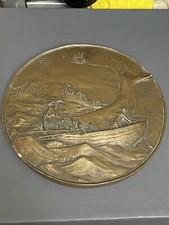 Bronze Whaling Scene Relief Plaque Round 8 Inch Nautical Wall Decor JC whale picture