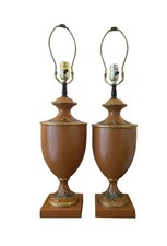 Pair Vintage Tuscan French Country Terracotta Orange & Gold Painted Urn Lamps picture