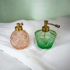 2 VTG Irice Perfume Atomizer Bottles Pink & Green Pressed Glass Vanity Set As Is picture