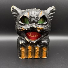 Vintage Halloween Pulp Paper Mache Black Cat Fence Jack O Lantern w/ Orig Insert picture