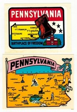 Lot 2 Vintage Pennsylvania Decals State Map Liberty Bell & Pennsylvania Quaker picture