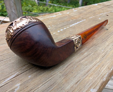 Antique G.F.B. French Briar Pipe 14K Gold Mounts Amber Stem Original Case picture