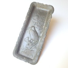 Antique Meiji Japanese Antimony Pewter Pen Tray Mt Fuji Hawk Dragon 19th Century picture