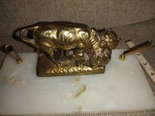 Brass  2 Pen Holder With  bear and deer on solid marble picture