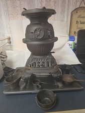 Antique Vintage Mini Cast Iron Wood Stove w Door, Ash Catcher & Vent Collector picture