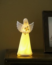 Porcelain Lighted Angel Figurine Holding Cross, and Decor 7
