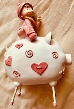 White with pink hearts and little boy toddler resin piggy bank BRAND NEW UNUSED picture