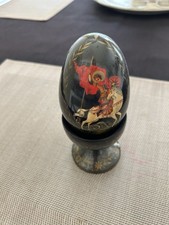 Beautiful Vintage Russian Hand Painted Lacquer Wooden Egg On Stand picture