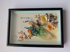 Vintage Chinese Shell Art 3D Shadow Box Carved Mother of Pearl Peacocks MCM 锦羽荣华 picture