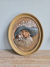 Vintage Erma G Duncan Lady & Dog Wall Plaque Oval Art Deco Framed Cottage Decor picture