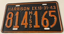 1943 Mississippi License Plate 814 165 Harrison County DBL STAMPED WWII Year picture