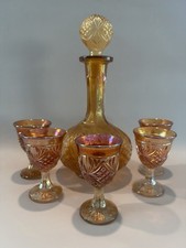 Vintage Marigold Carnival Glass Decanter Set Including 5 Cordial Glasses picture