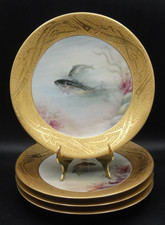 4PC Antique T&V Limoges Hand Painted Aquatic Fish & Gold Encrusted EEL Plate Set picture