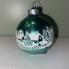 VTG Shiny Brite Christmas Winter Scene Ornament Ball Green Stenciled 2.25x3” picture