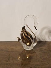 Handblown Spun Glass Crystal SWAN 22k GOLD Wings & Beak Vintage 2.5