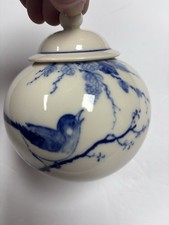 Blue White Porcelain Covered Jar Bird Floral Calligraphy Signed Marked 5” picture