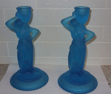 Fostoria Blue Mist Satin Frosted Glass 2 Rebecca At The Well Candle Holders NICE picture