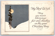 Snowy Hill Pine Trees and Full Moon Christmas c1917 Embossed Postcard picture