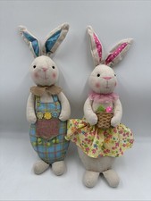 Set/2 CVS RUSTIC HOME DECOR FARMHOUSE MUSLIN EASTER BUNNY 17” Girl & Boy Rabbits picture