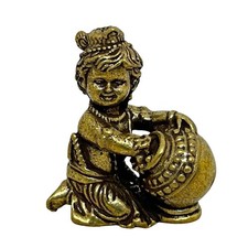 Baby Krishna Makhan Chor Bal Gopal Mini Brass Statue Vishnu Avatar Butter Pot picture