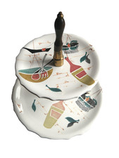 Vintage 1950s MCM Patio Handpainted Ceramic Tiered Tray Serving Plates Server picture