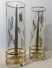MCM 50s/60s Atomic Sputnik Candle Holders Pair Geometric Space Age + Gas Candles picture