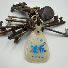 Vintage Skeleton Keys Lot Metal Virgo Zodiac Keychain Antique Corbin Steampunk picture