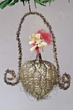 VTG Antique Glass Crinkle Wire FLOWER Bumpy HEART Vase Christmas Ornament German picture