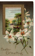 Postcard Easter Embossed Lily Lake Boat Fishing Moon c1912 -9096 picture