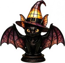 Halloween Black Cat Witch Hat Lamp Stained Glass Night Light Party Decor LED picture