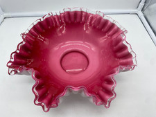 Vintage Fenton Ruffled Edge Pink White Bowl Rose Crest Cased Glass 10 3/4