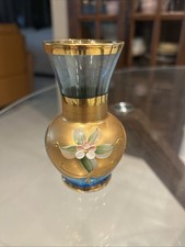 Vintage Vecchia Murano Italian Blue Glass Bud Vase 24K Gold Floral PRISTINE 4” picture