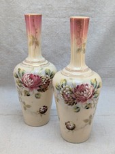 Antique Pair Karlsbad Bohemian Opaline Glass Hand Painted Vases Ludwig Tischer ? picture