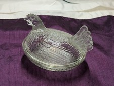 Vintage Indiana Glass Clear Hen On Hocking Glass Crosshatch Nest Covered Dish picture