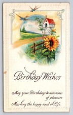 1913 Birthday Wishes Embossed Postcard Sunflower Birdhouse Williamston MI picture