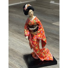 VTG Japanese Geisha Doll Silk Kimono Maple Leaf Brocade Lacquer Base 14
