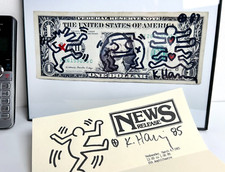 KEITH HARING - Signed Dollar Bill  1987 w/ Signed Flyer 1985 two  Red Hearts picture