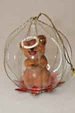 Vintage Clear Glass Diorama FURRY BEAR Crinkle Wire Christmas Ornament W Germany picture