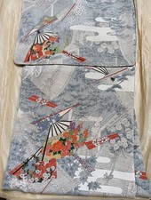 Kyo Yuzen Kimono Pure Silk Fan & Flower Pattern Gray Unused 160cm picture