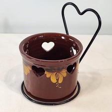 1995 Eldreth Pottery Nottingham PA Red Clay Candle Crock Folk Art+W. Iron Holder picture
